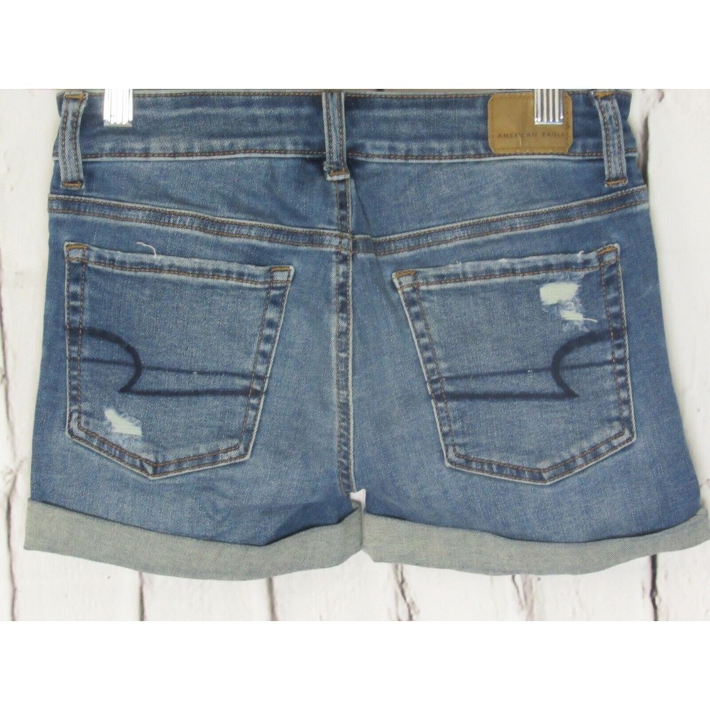 American Eagle Women Jeans Shorts Size 00 Blue MIDI Distressed Sandblasted Denim - Picture 2 of 5